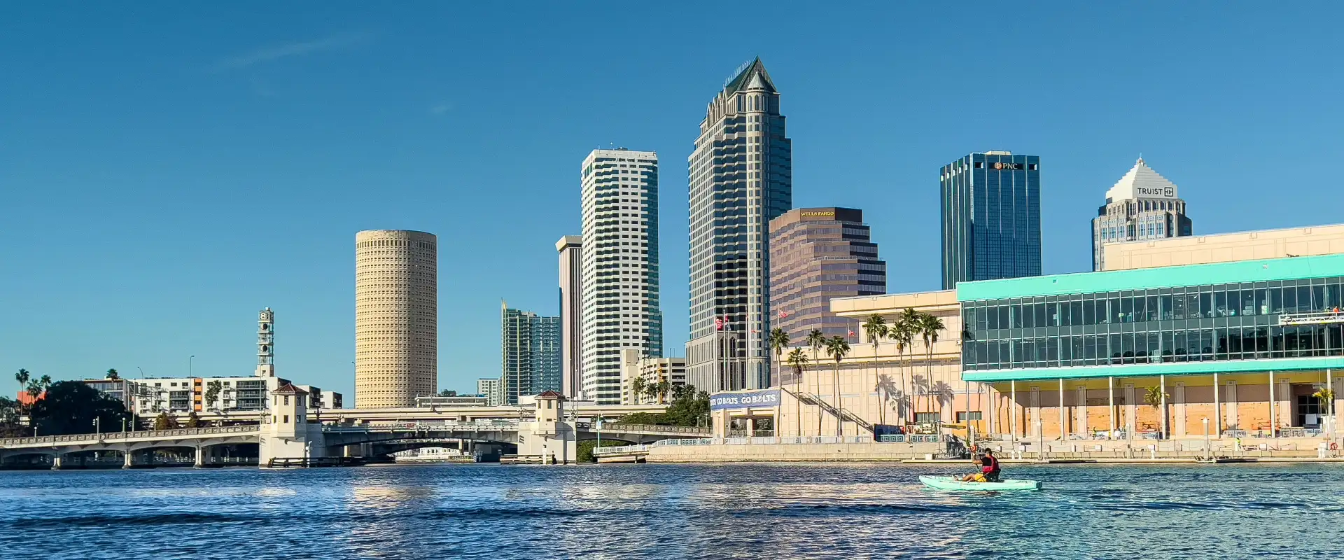 Tampa Florida downtown skyline at sunset over the water