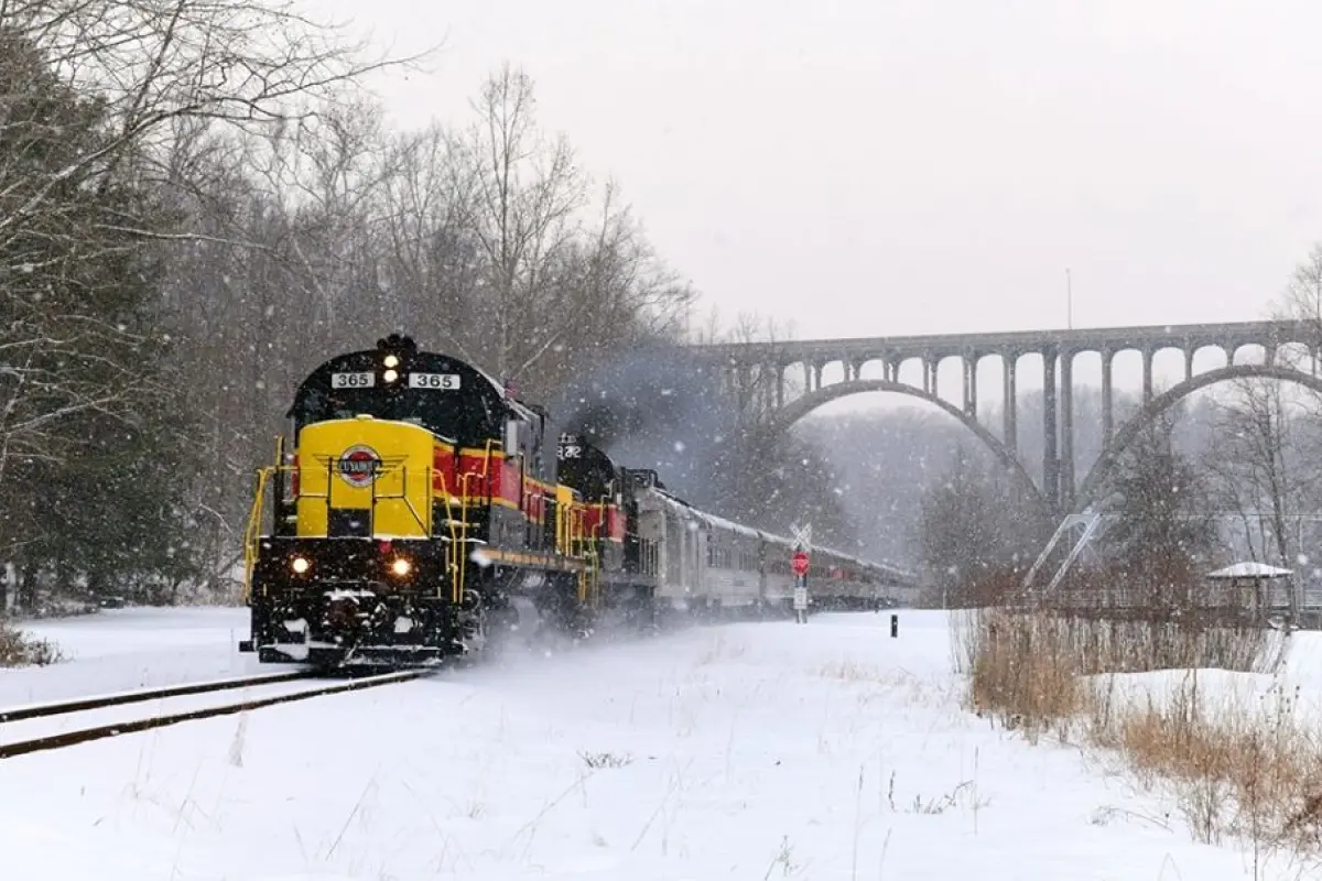 A train travelling along snowy tracks
