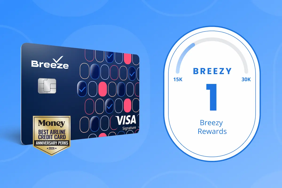 Breeze Easy Visa Signature Credit Card next to a Breezy Rewards status ring showing level 1