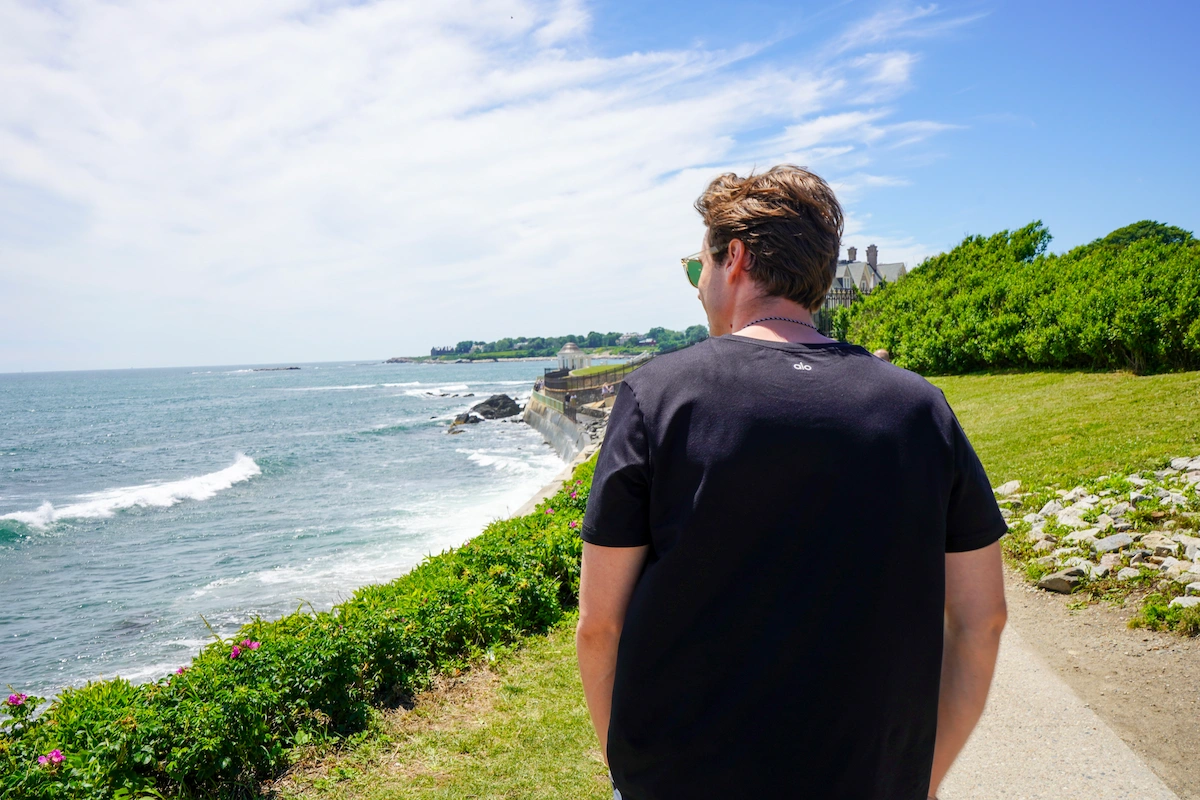 Bru walking along the coast in Providence