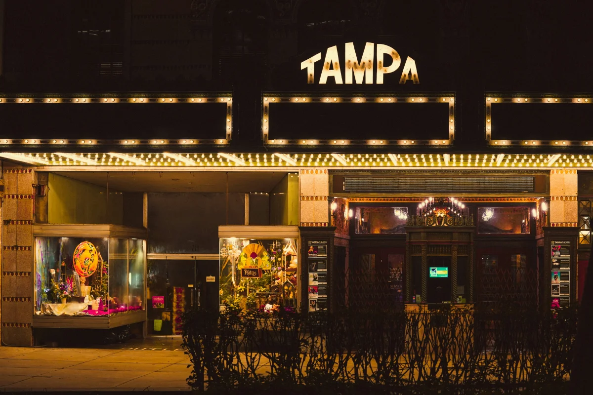 Historic Tampa Theatre facade with vintage signage in downtown Tampa, Florida