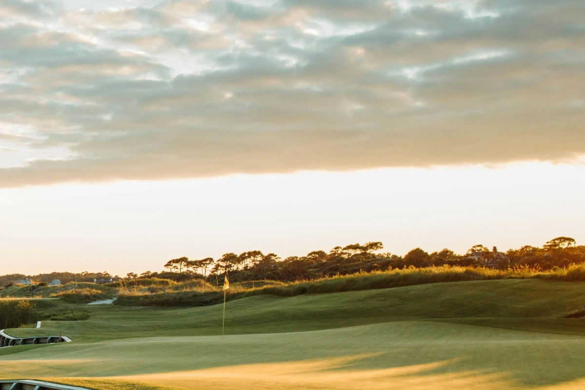 Coastal golf course fairway lined with palm trees