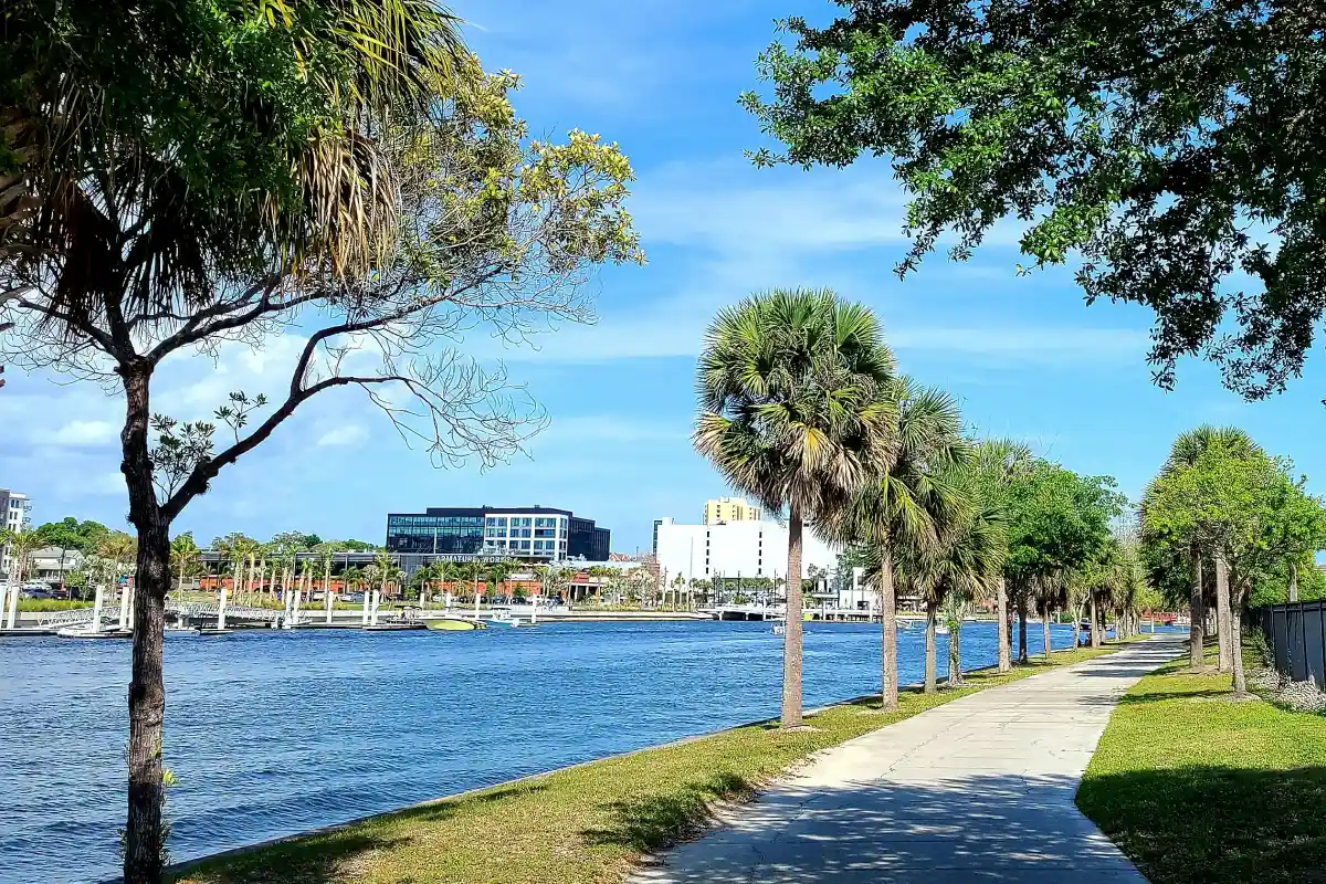 Waterfront walkway and modern buildings along the Tampa Riverwalk