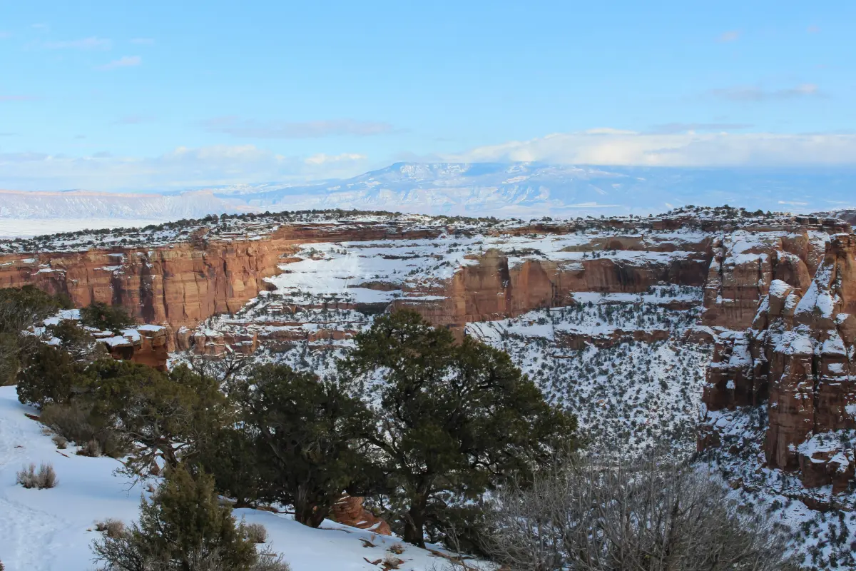 A canyon at the Colorado National Monument dusted in snow