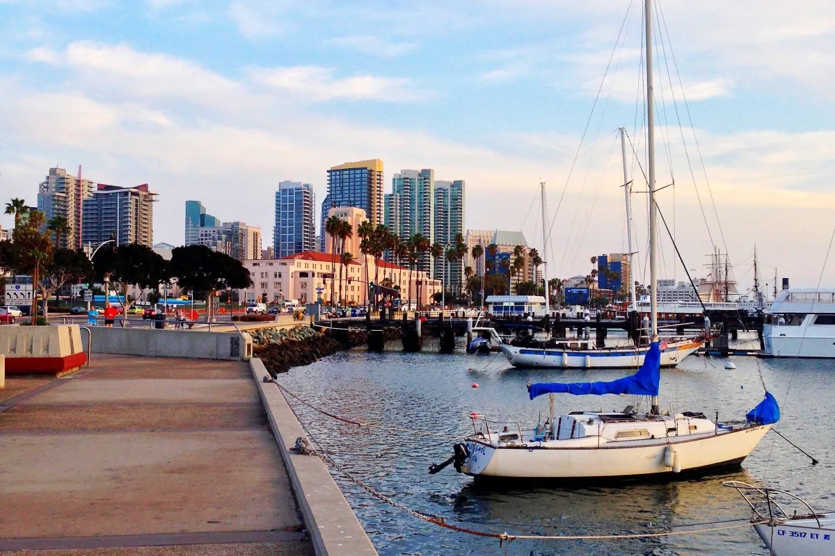 A marina with the San Diego skyline in the background