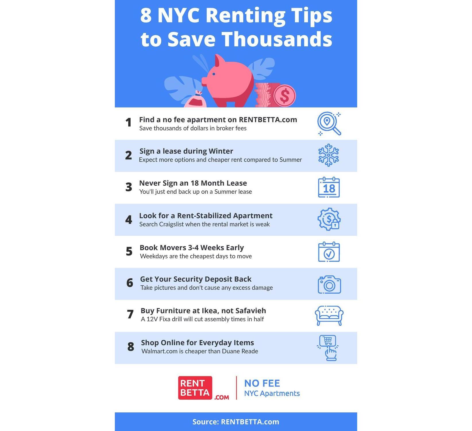Infographic for 8 NYC renting tips blog with footer