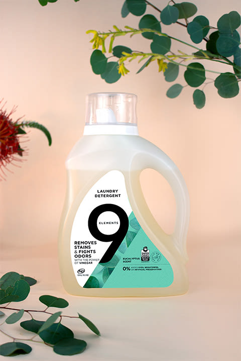 9 Elements eucalyptus laundry detergent bottle.