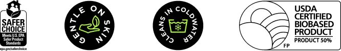 Credentials Icons - Safer Choice, Gentle On Skin, Cleans In Coldwater, USDA Certified Biobased Product