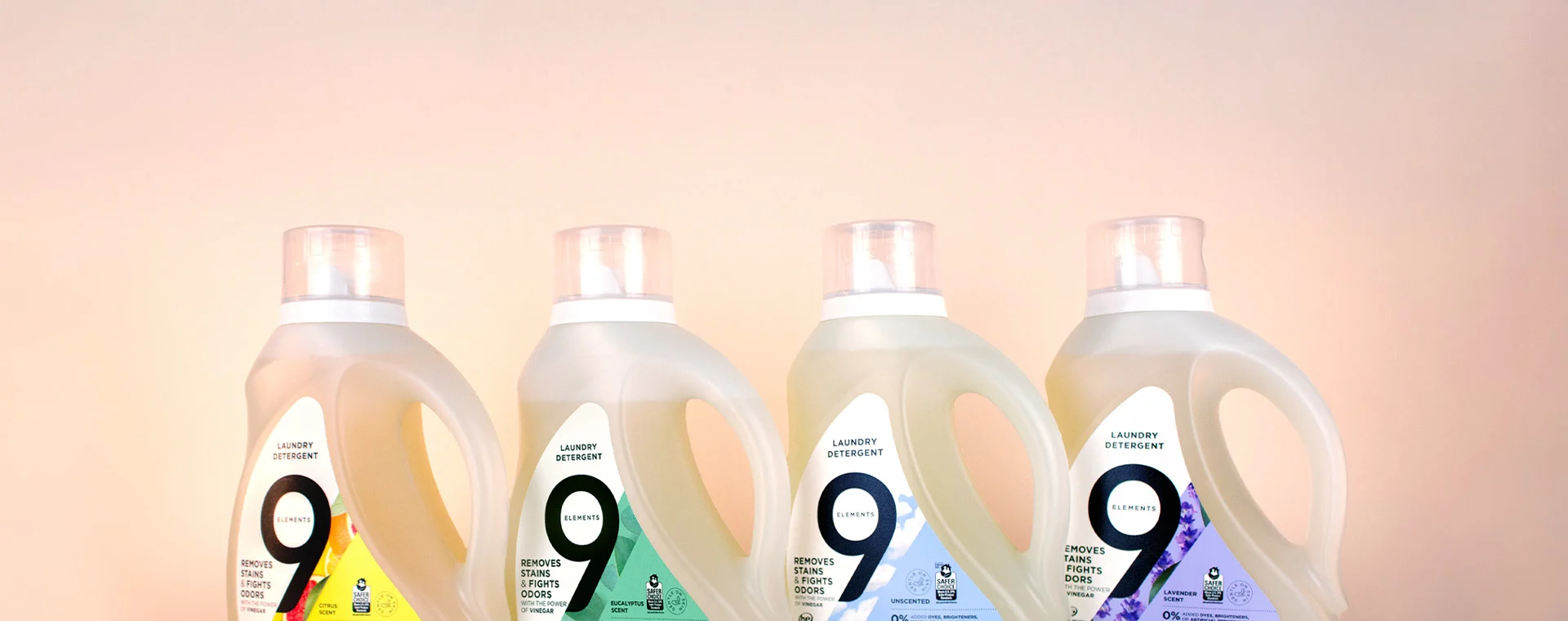 Nine elements products lineup; Citrus, Eucalyptus, Lavender and Unscented laundry detergent bottles