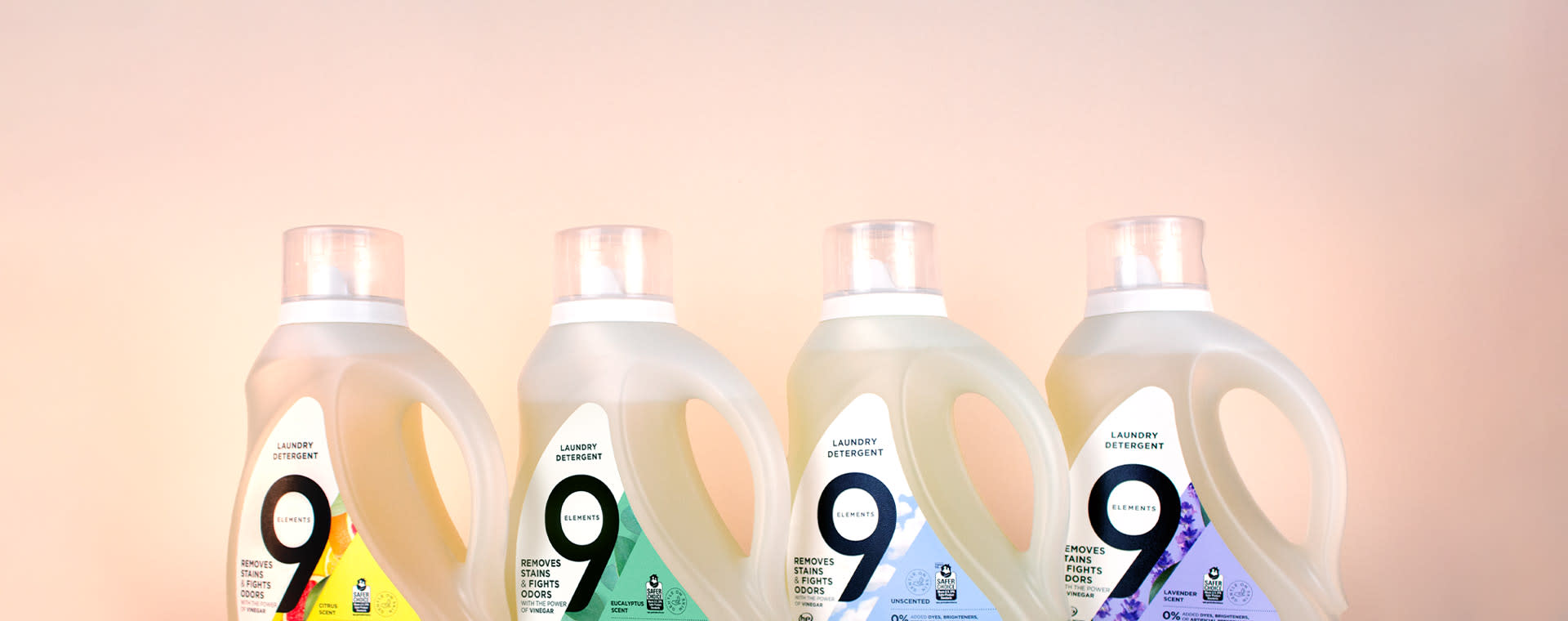 Nine elements products lineup; Citrus, Eucalyptus, Lavender and Unscented laundry detergent bottles