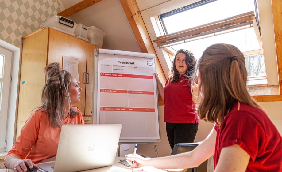 pedagogisch medewerkers, collega's die met elkaar de dagstart aan het doornemen zijn