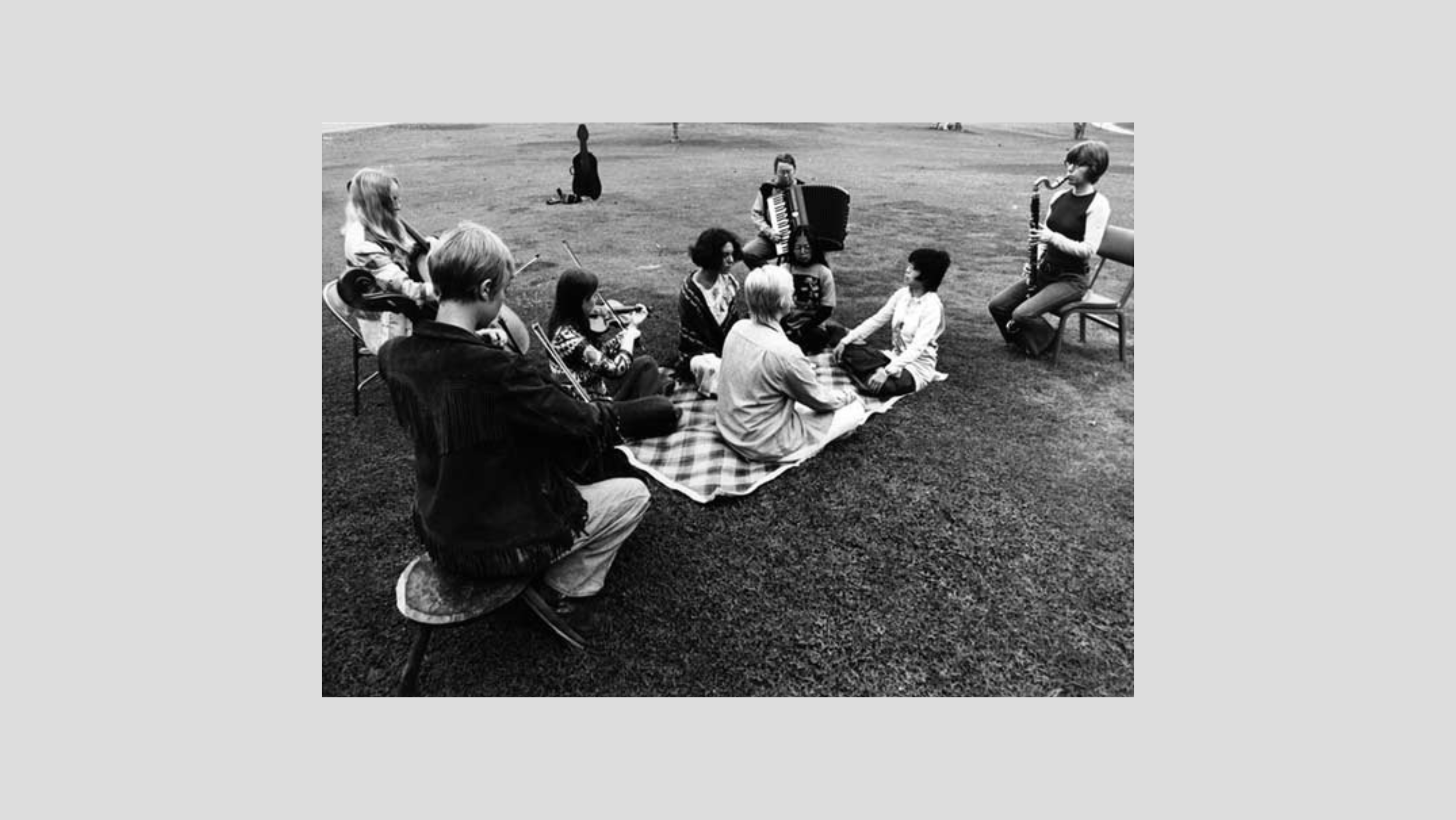 Pauline Oliveros and the ♀ Ensemble performing Teach Yourself to Fly from Sonic Meditations, 1970, Rancho Santa Fe, CA, (foreground to the left around: Lin Barron, cello, Lynn Lonidier, cello, Pauline Oliveros, accordion, Joan George, bass clarinet. Center seated foreground to the left around voices: Chris Voigt, Shirley Wong, Bonnie Barnett and Betty Wong). Pauline Oliveros Papers. MSS 102. Mandeville Special Collections Library, University of California, San Diego.