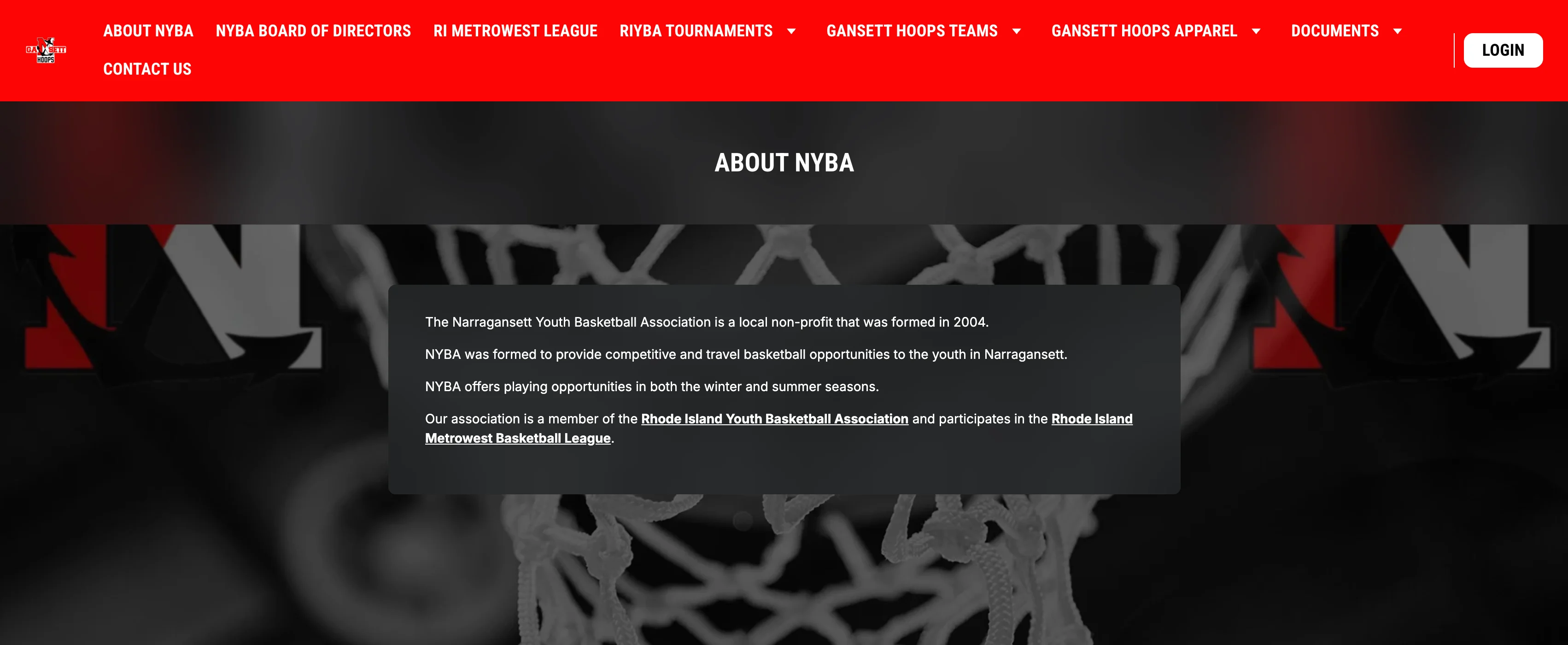 A screenshot of Gansett Hoops About Us page