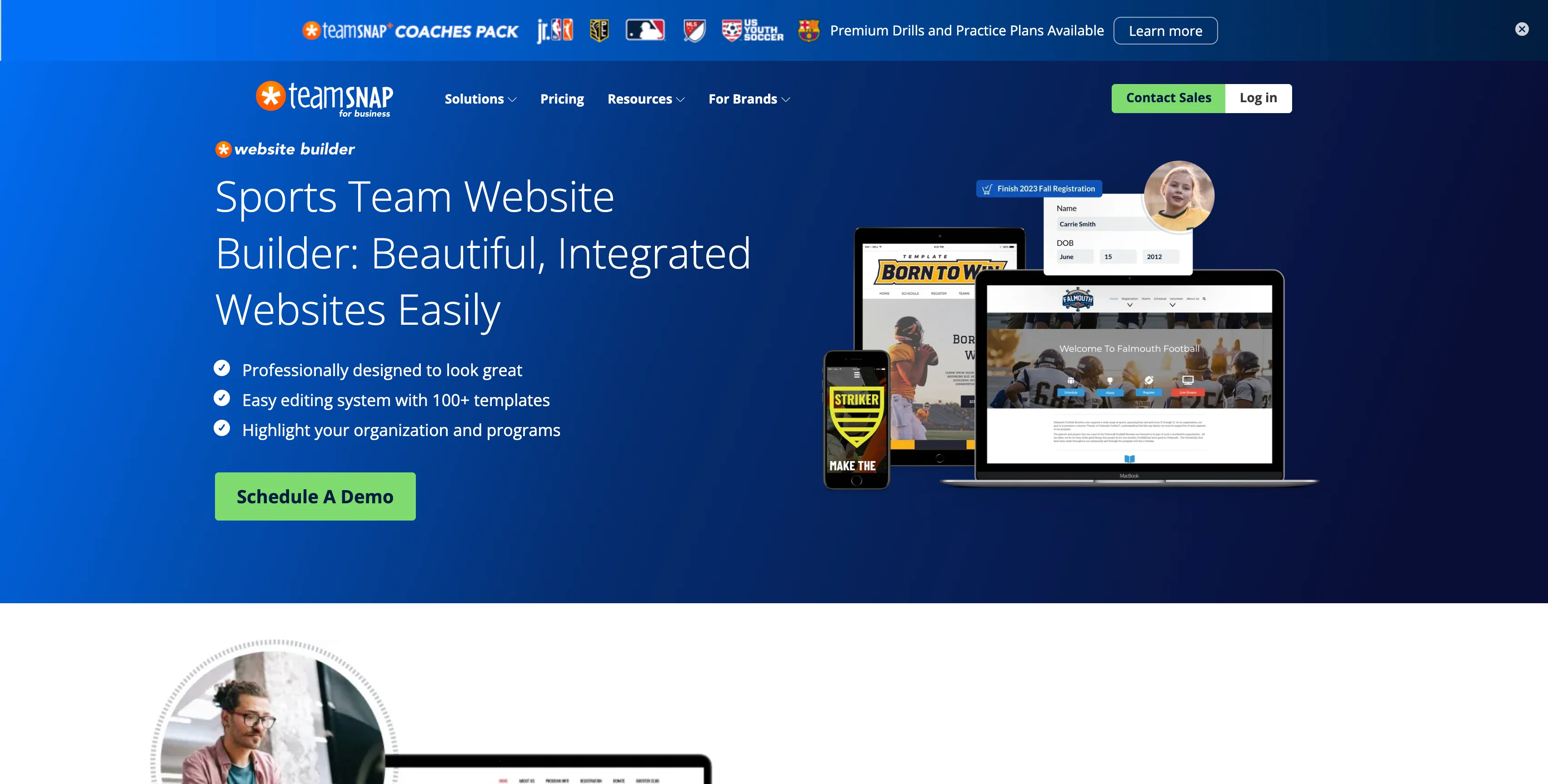 TeamSnap website builder landing page