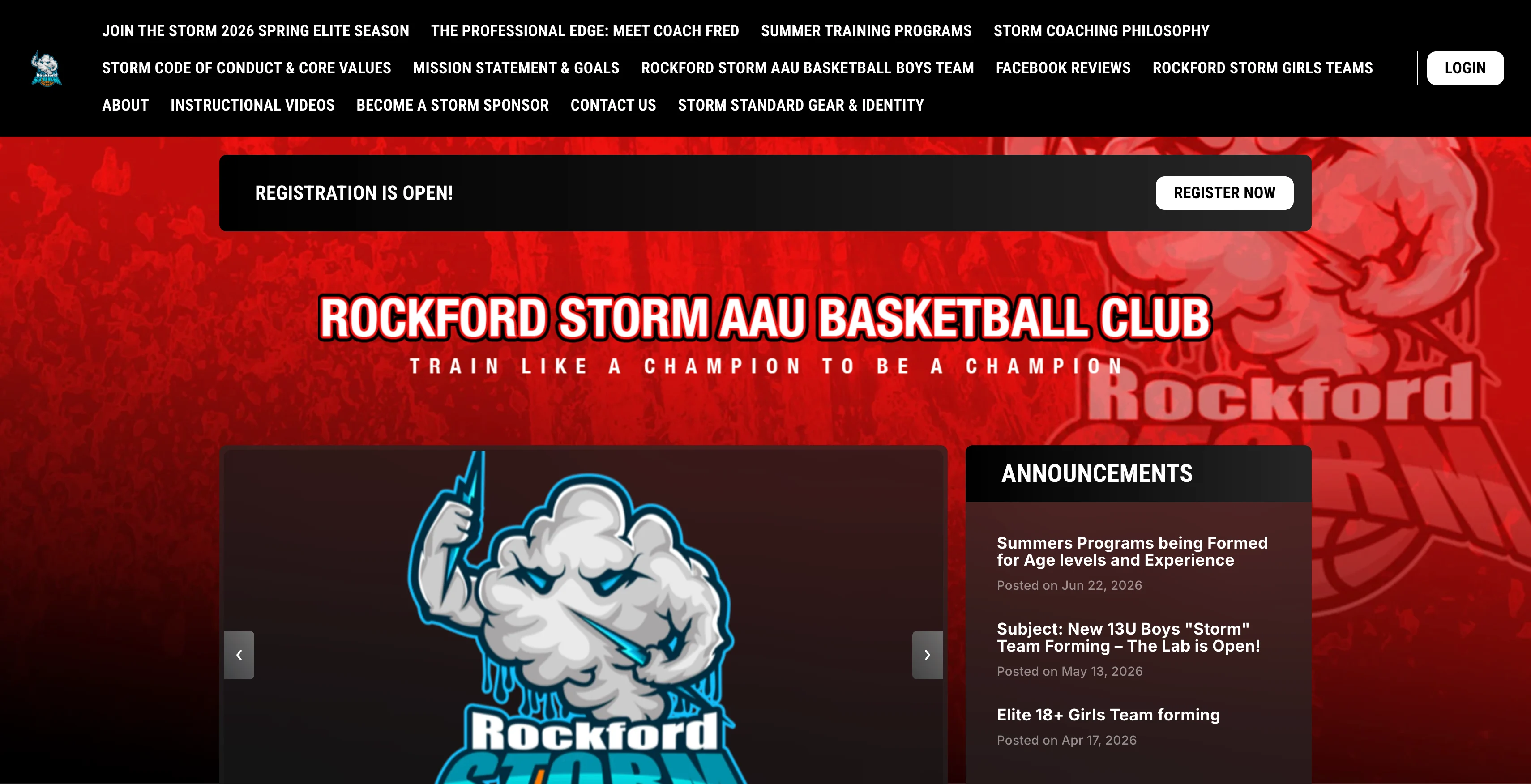A screenshot of Rockford Storm AAU basketball homepage and website
