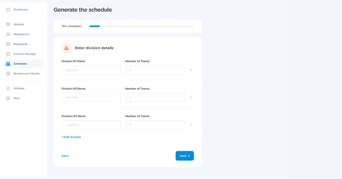 Web interface for generating a sports schedule with fields to enter division name and number of teams.