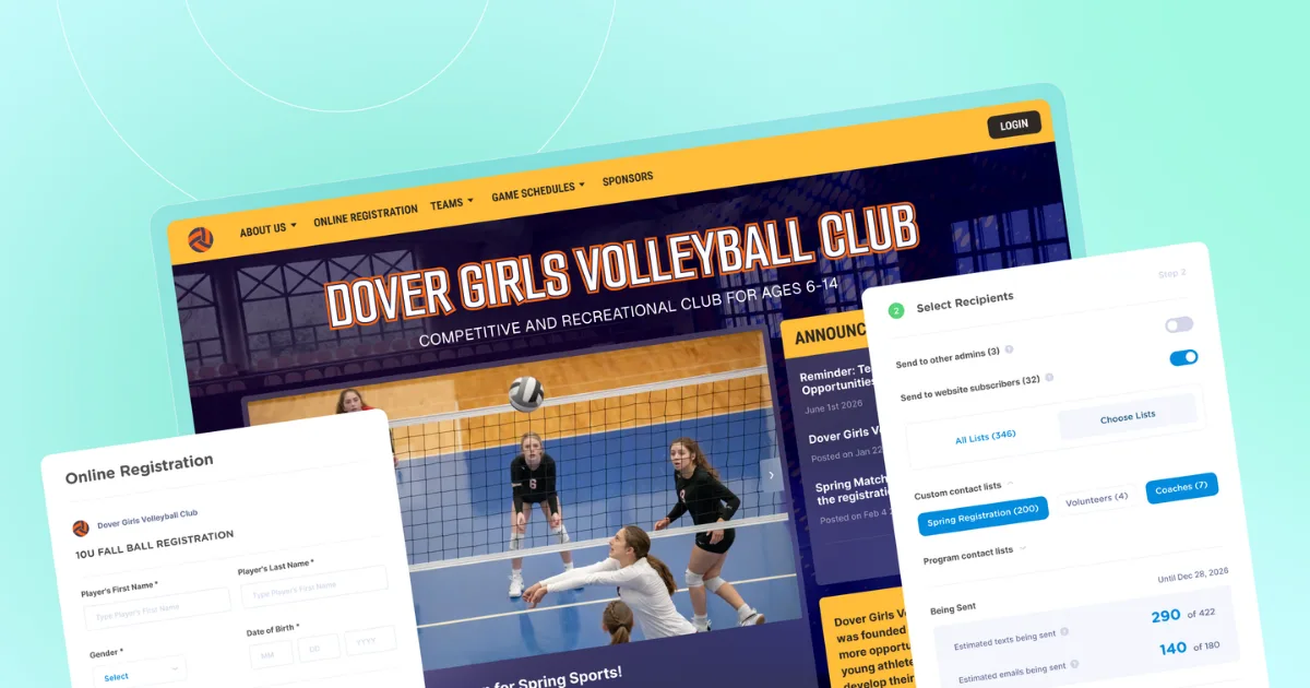 An illustration showing volleyball management software consisting of a website, registration and messaging