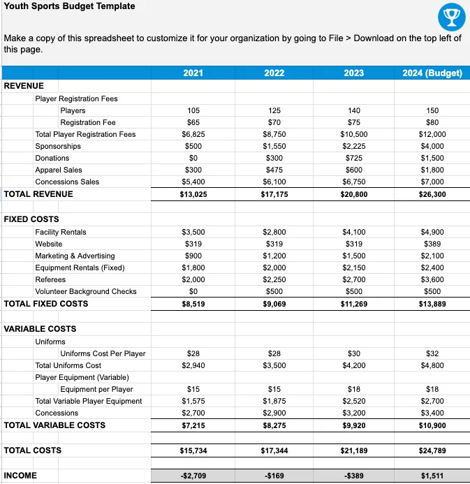 Example of a youth sports budget template