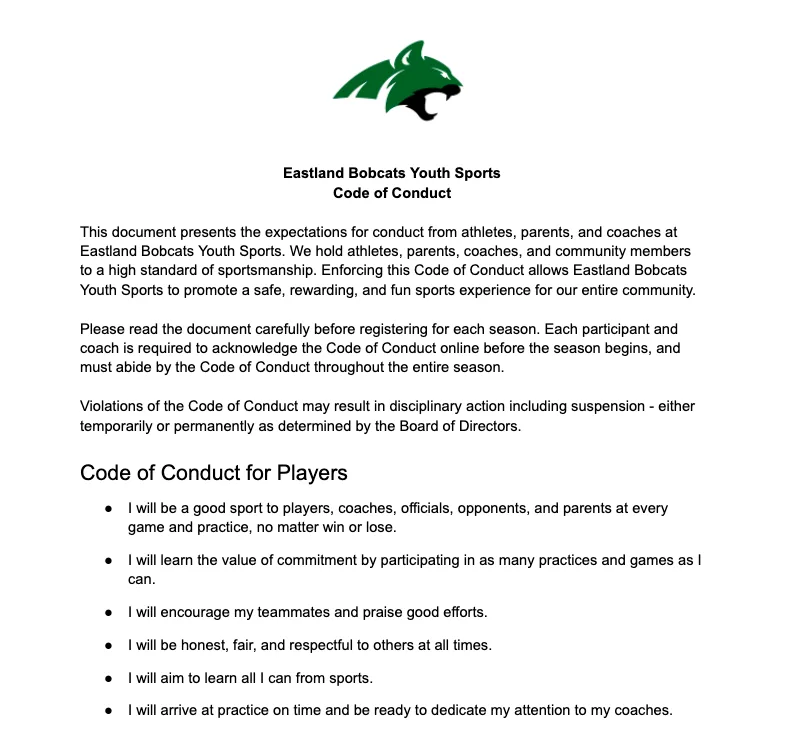 a youth sports code of conduct template