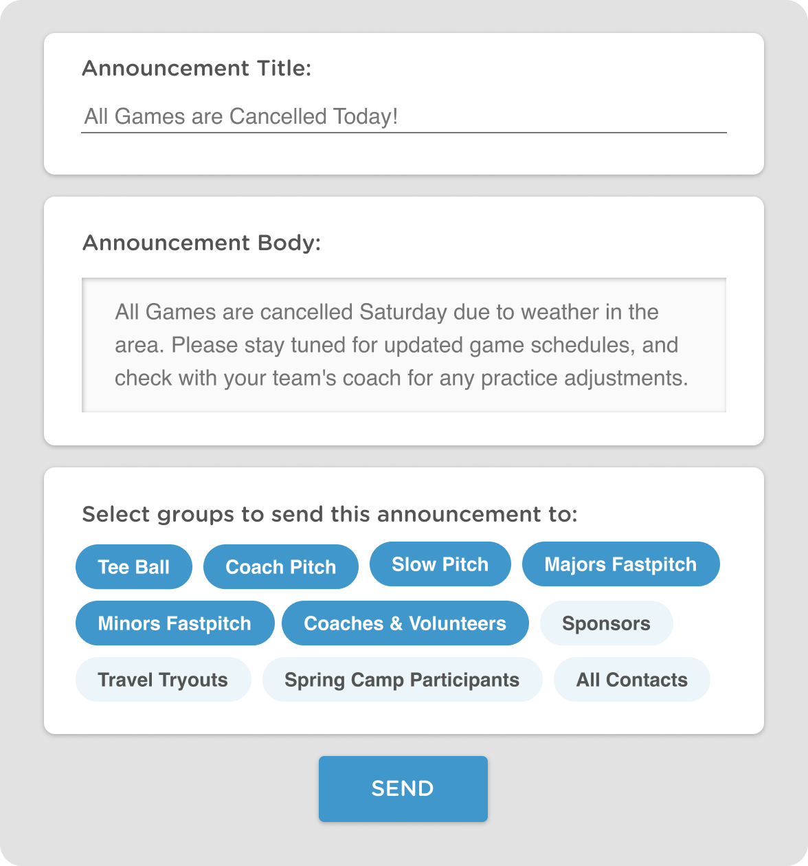 email and texting communication tools for softball teams, clubs, and leagues