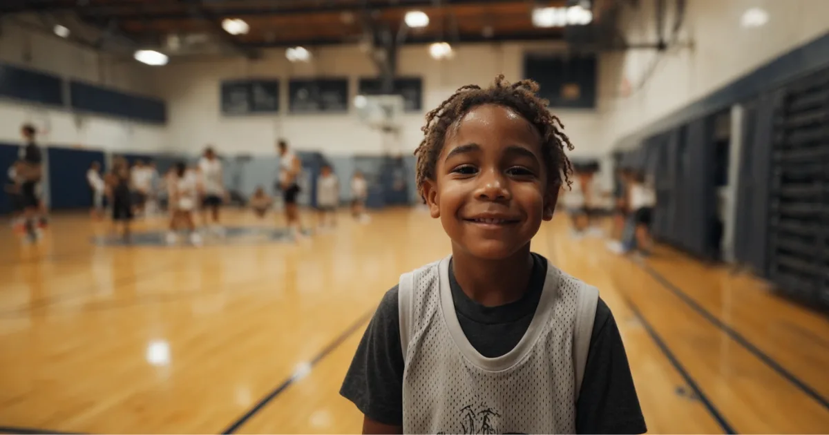 A youth basketball player looking at the camera smiling