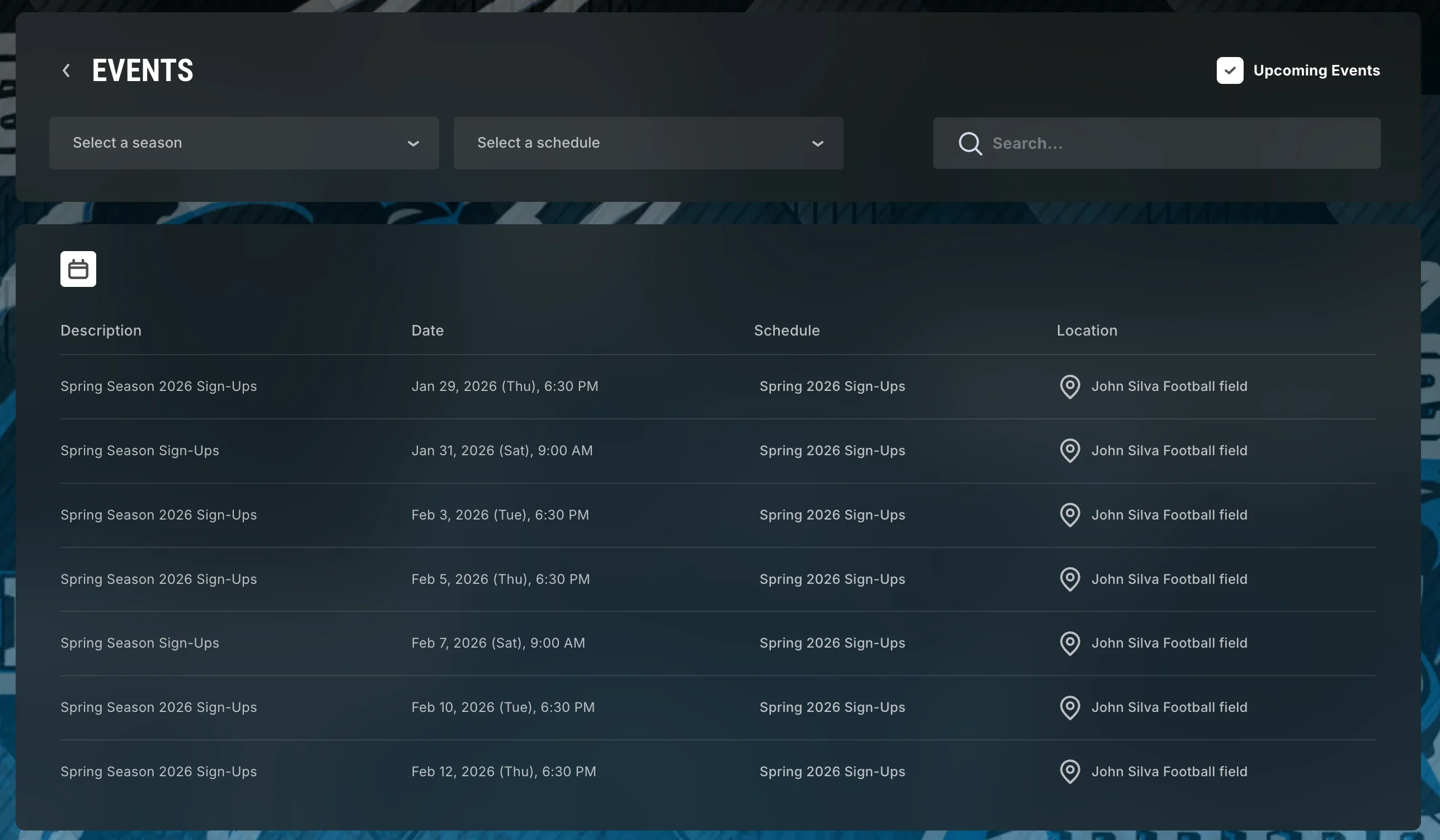 A youth football organization online event schedule