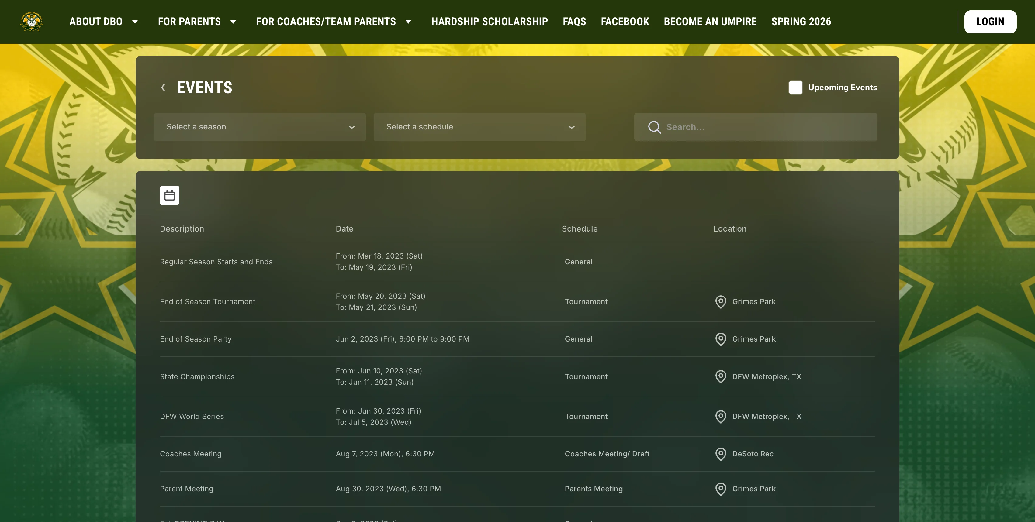 A screenshot of a baseball event page on a website