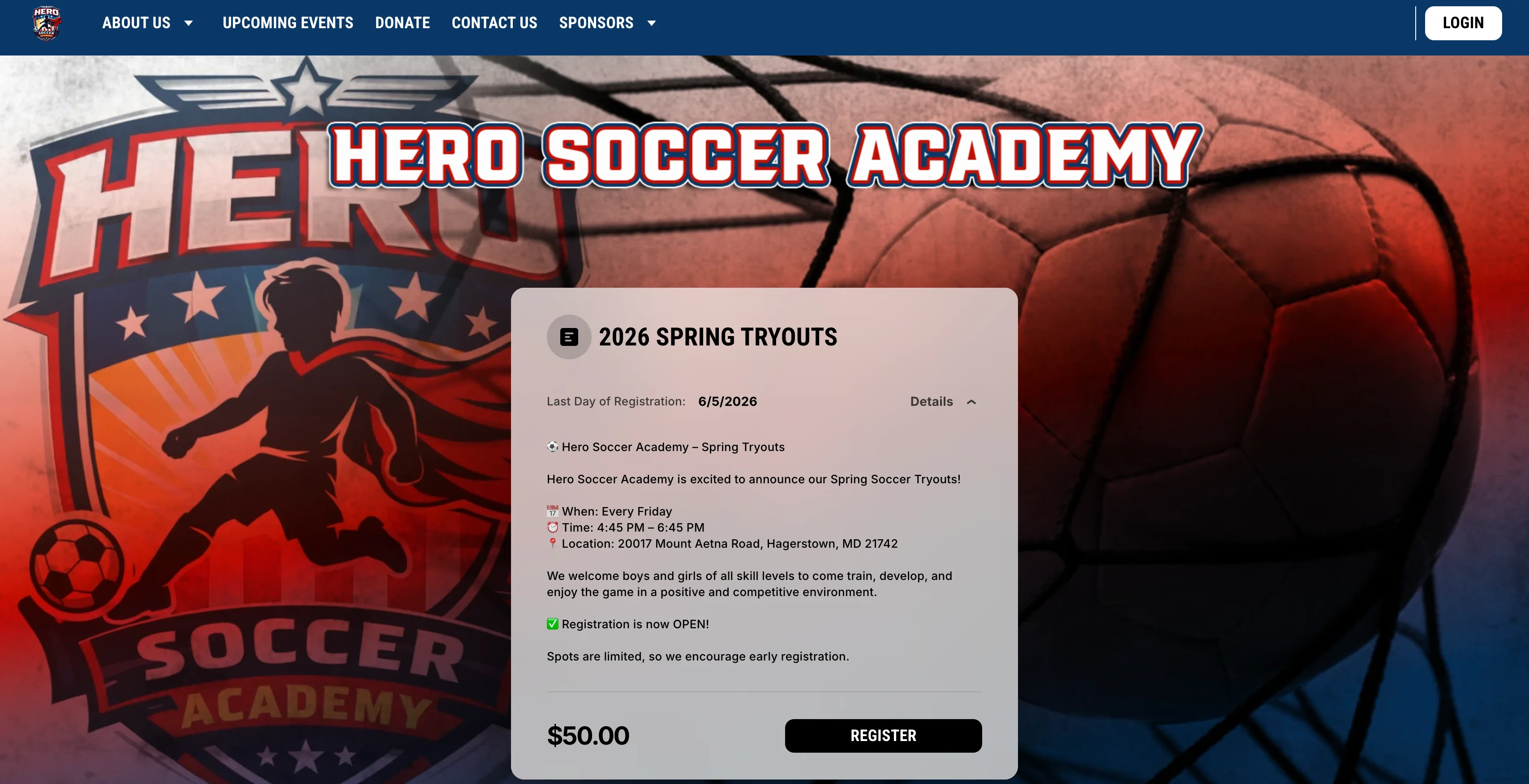 A screenshot of a youth soccer registration page