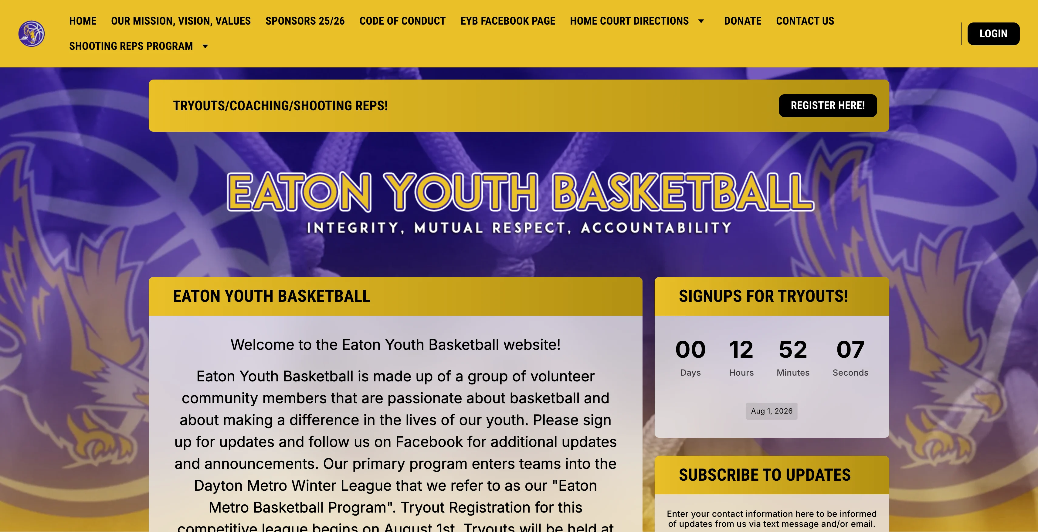 A screenshot of the Eaton Youth Basketball homepage