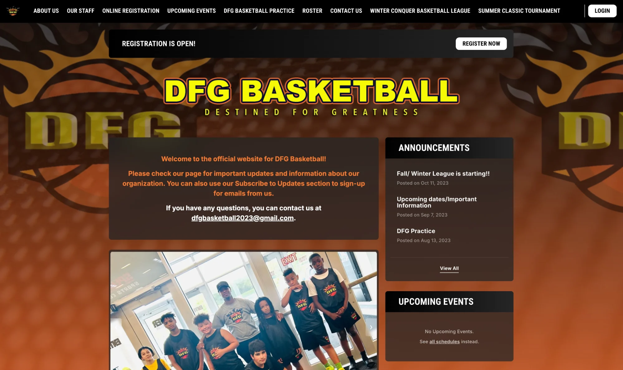 DFG Basketball website homepage featuring registration info, announcements, and team photo