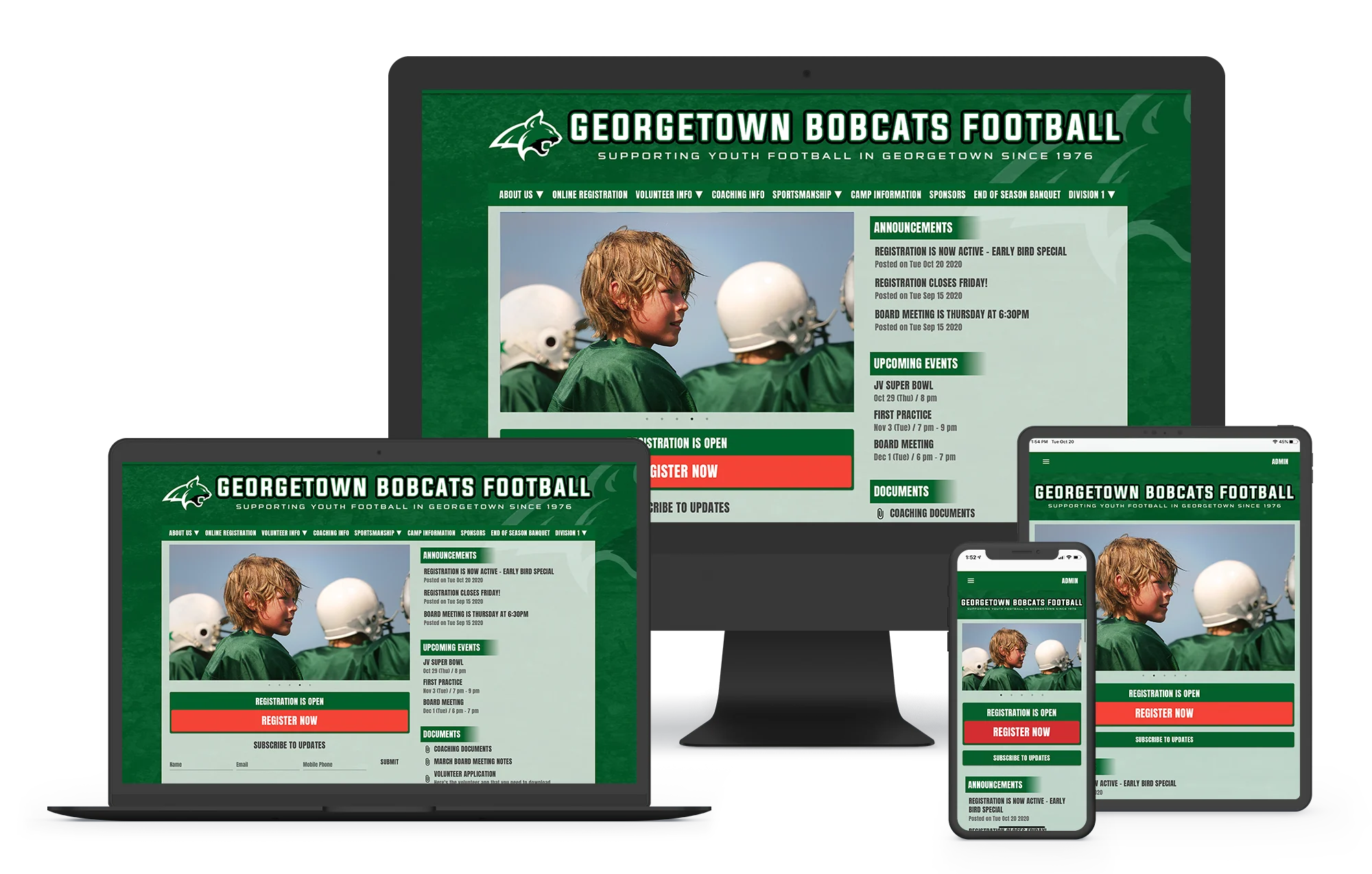 a football website builder for youth or high school teams with online registration, scheduling, and football webpage tempates