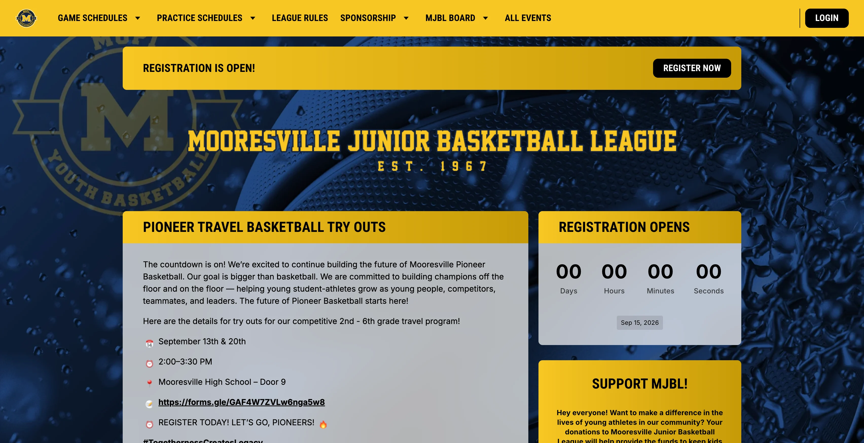 A screenshot of Mooresville Junior Basketball League homepage