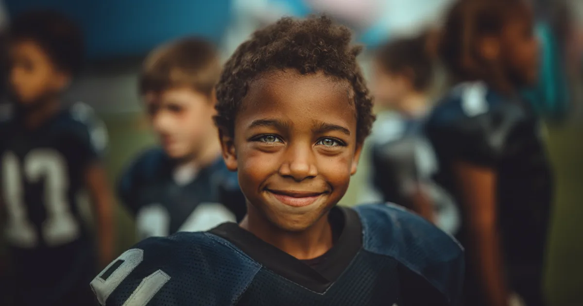 A youth football player before a game smiling at the camera