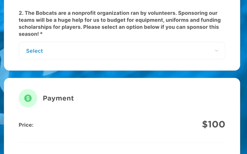 a youth sports sponsorship option in an online registration form