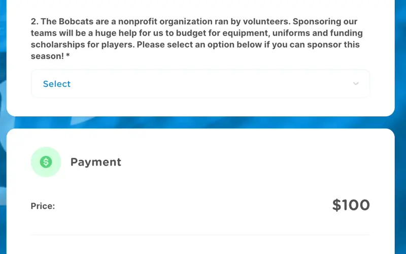 a youth sports sponsorship option in an online registration form