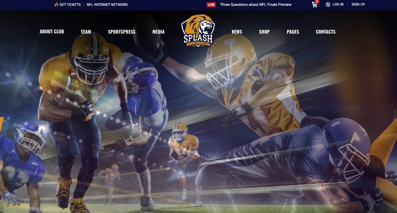 Splash football team homepage with intense football action graphic.