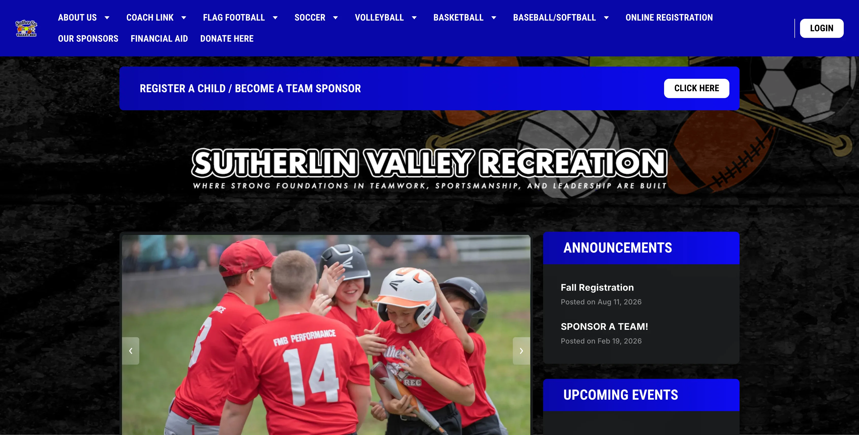 A screenshot of the Sutherlin Valley Recreation homepage