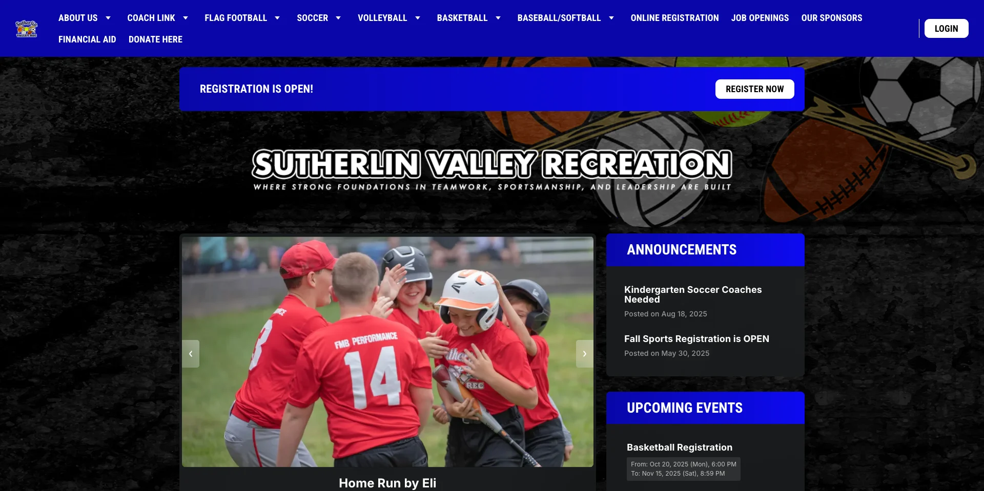 Sutherlin Valley Recreation homepage, a website built on Jersey Watch