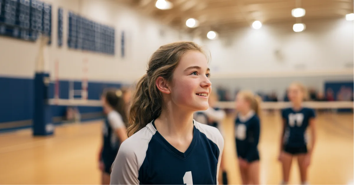 A youth volleyball player smiling on the court