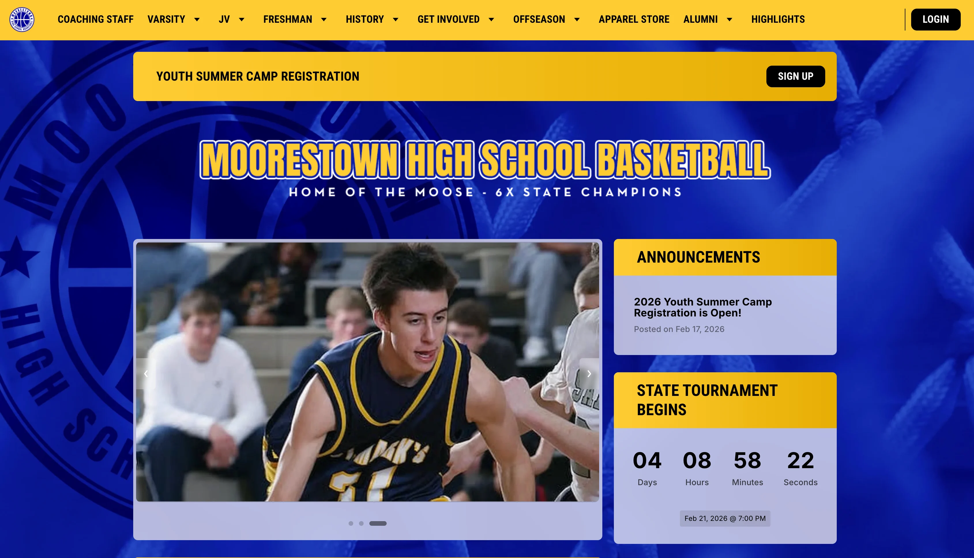 a homepage for a high school sports team website