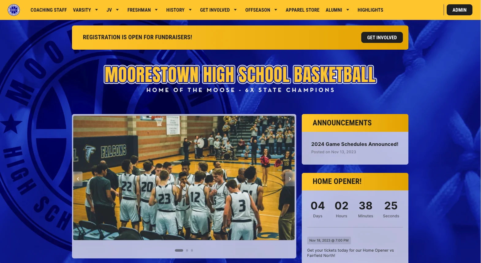 a homepage for a high school sports team website