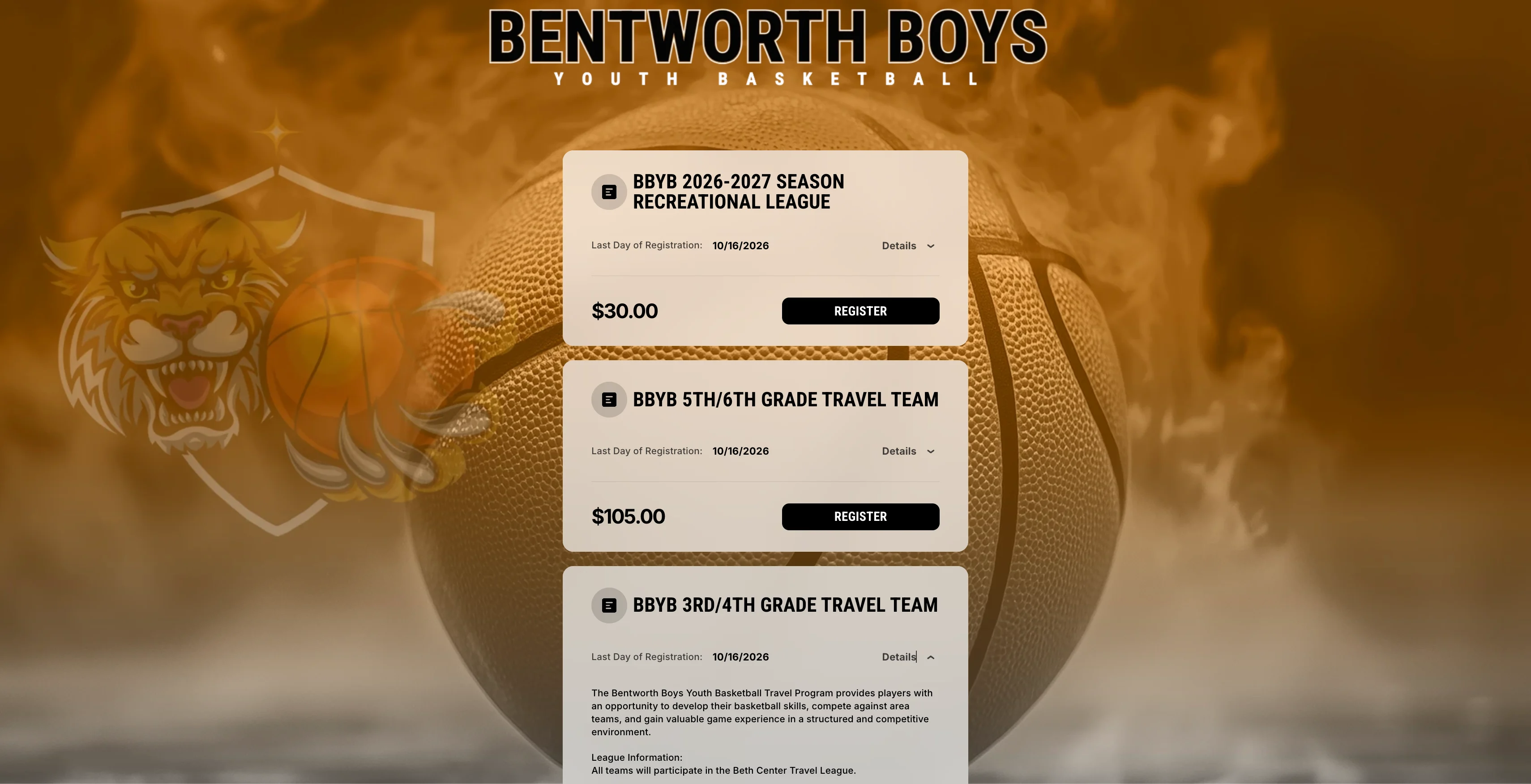 A screenshot of the Bentworth Boys Basketball online registration page