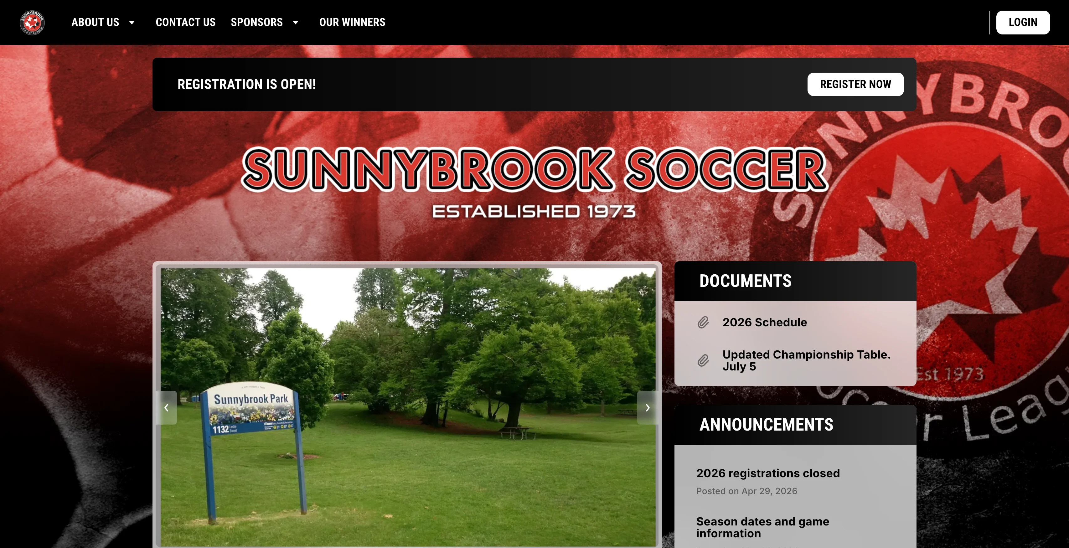 A screenshot of the website for Sunnybrook Soccer, a Canadian youth soccer organization