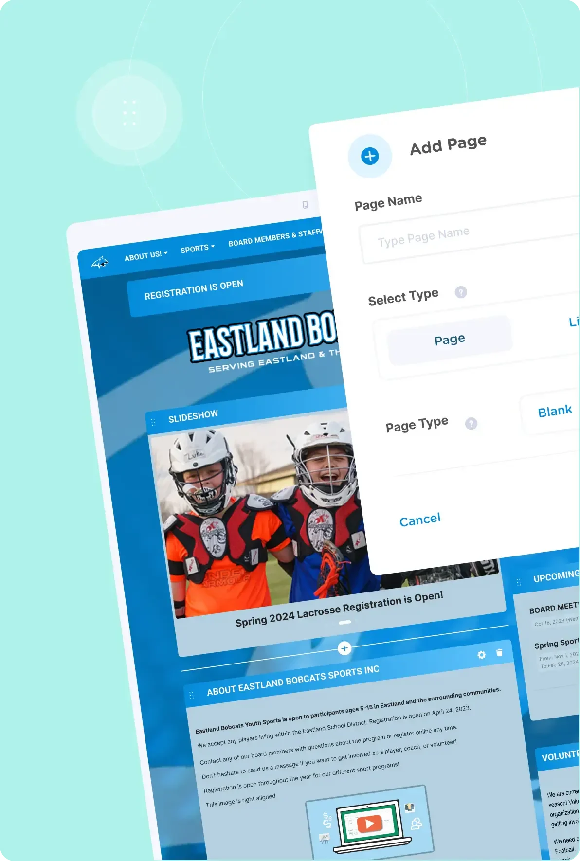 Eastland Bobcats youth sports registration page with navigation options.