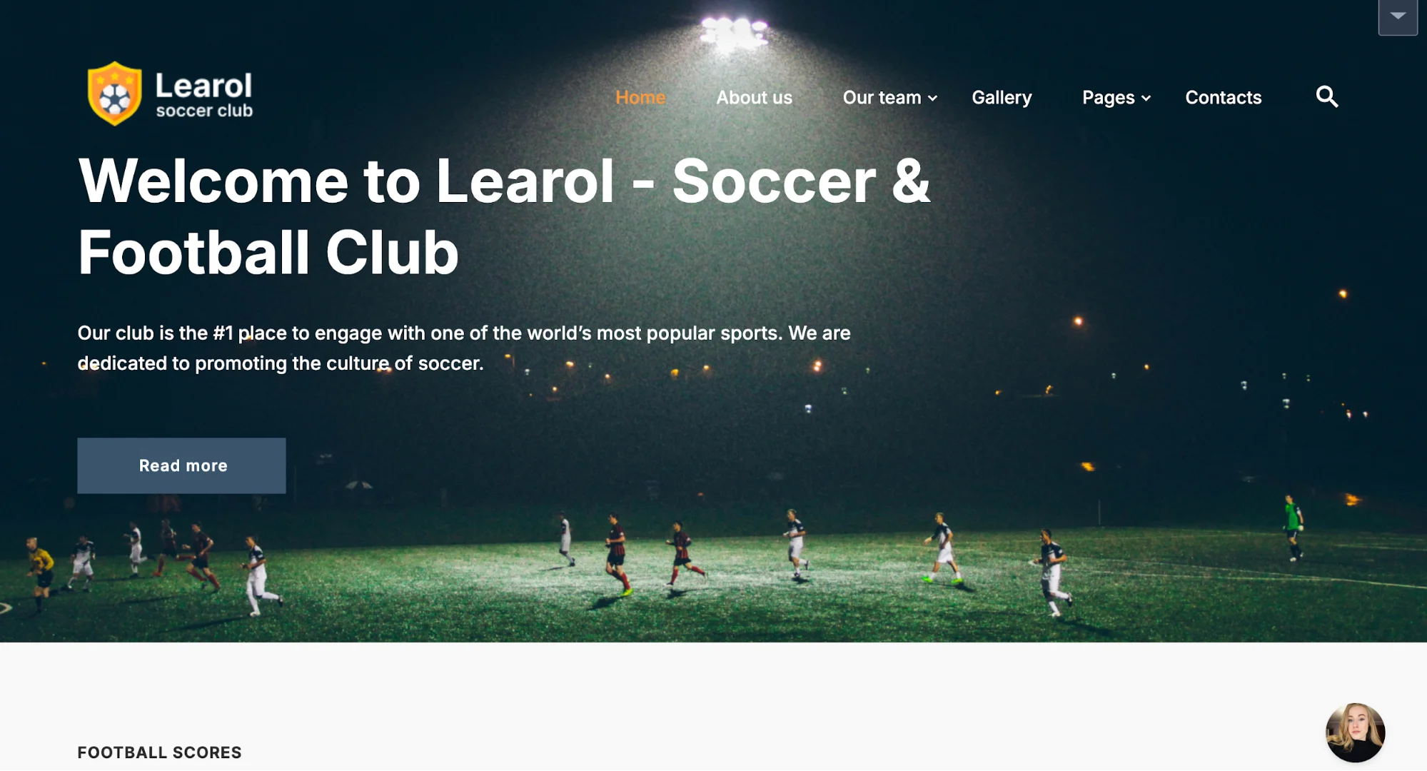 Soccer match at night under floodlights on Learol Soccer Club website homepage.