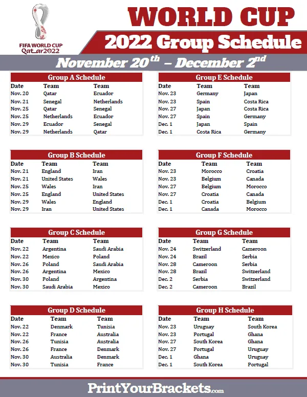 2022 FIFA World Cup group stage schedule listing match dates and teams for Groups A-H.