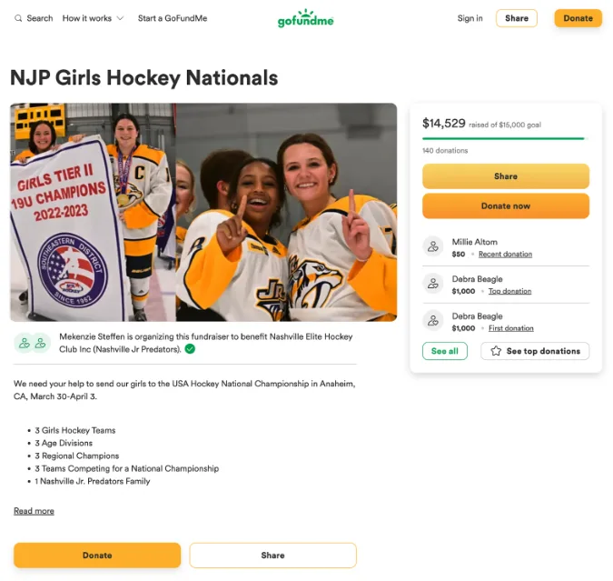 go fund me for hockey fundraising