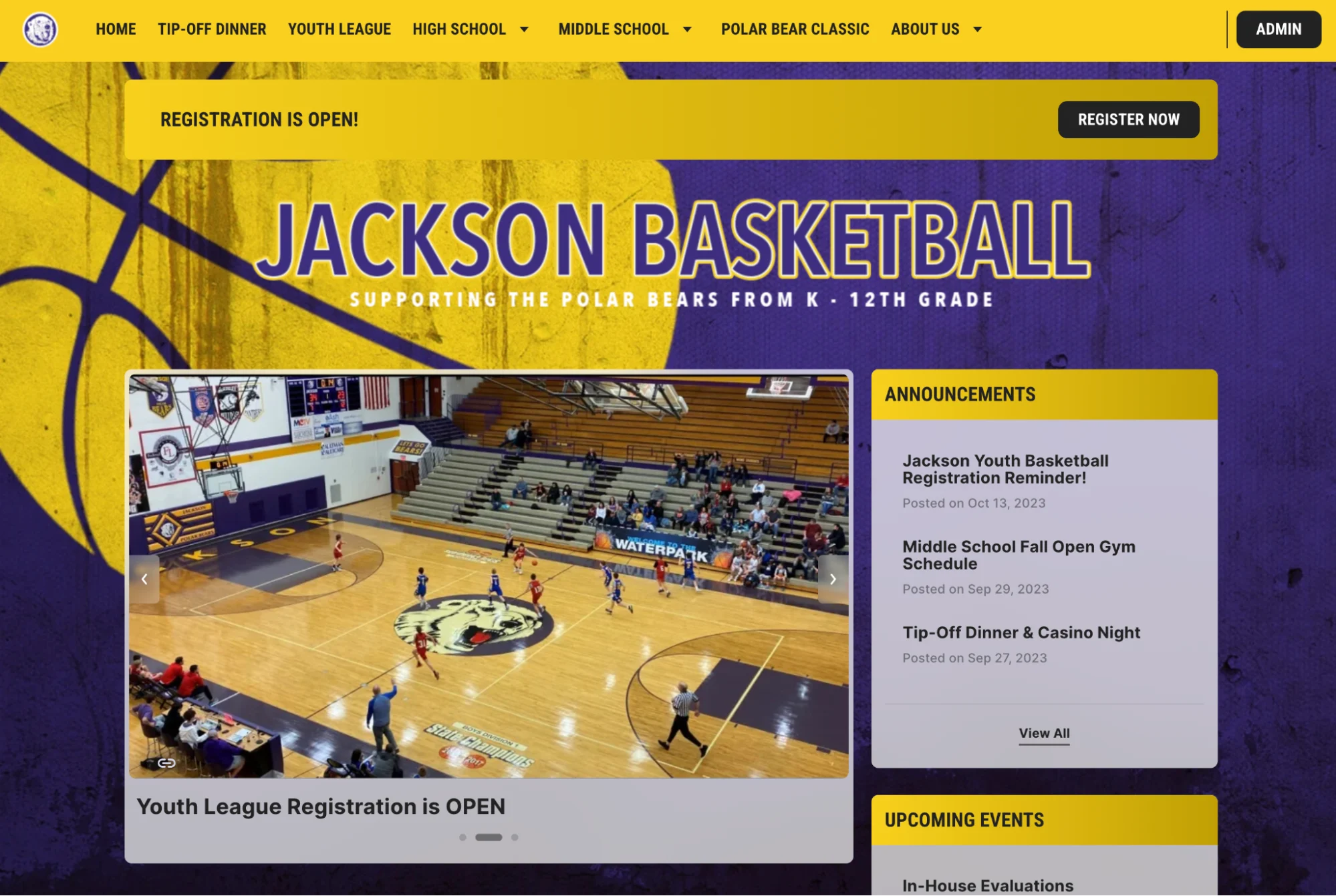 a website homepage with online registration for youth basketball