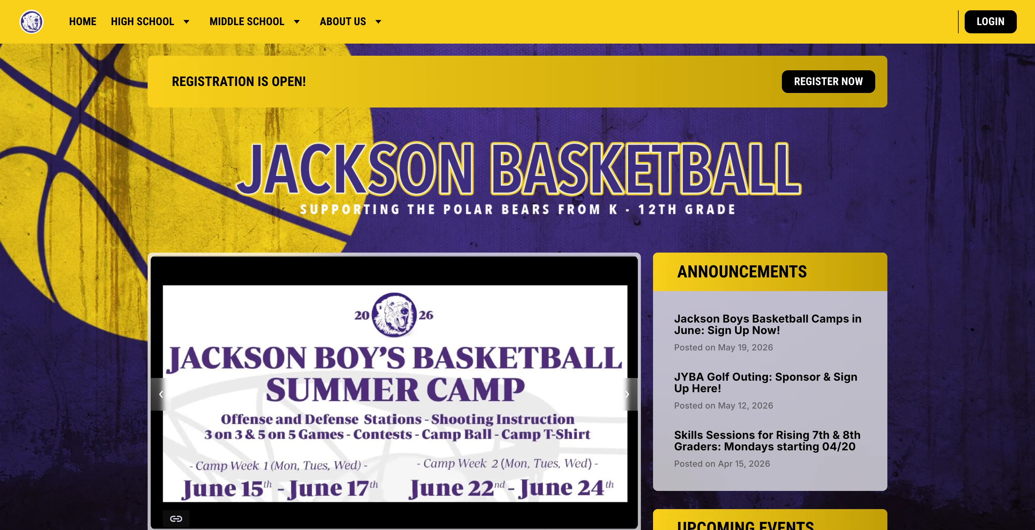 A screenshot of Jackson Basketball website homepage