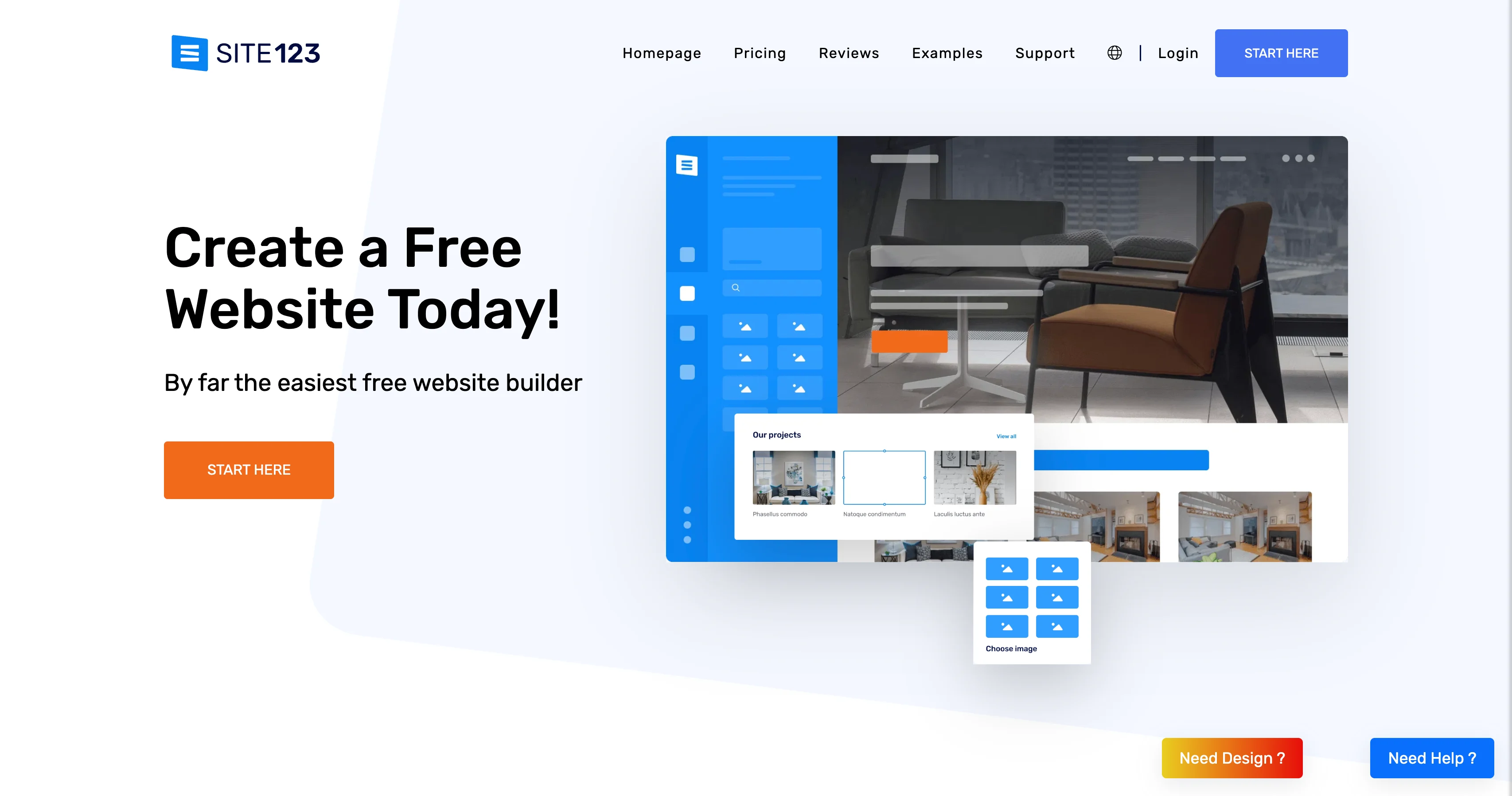 A screenshot of the Site123 homepage